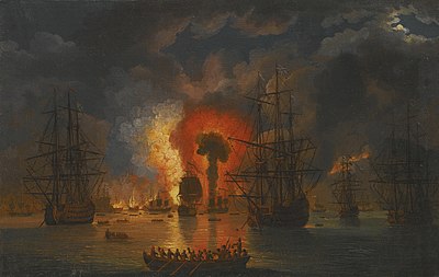 400px Jacob Philipp Hackert Untergang der türkischen Flotte in der Schlacht von Tschesme 1771